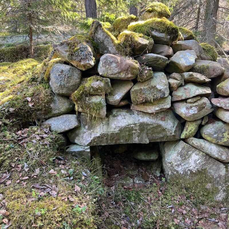 Old stone cellar or cave-like structure in a meadow on Lidö Island, Stockholm Archipelago Trail