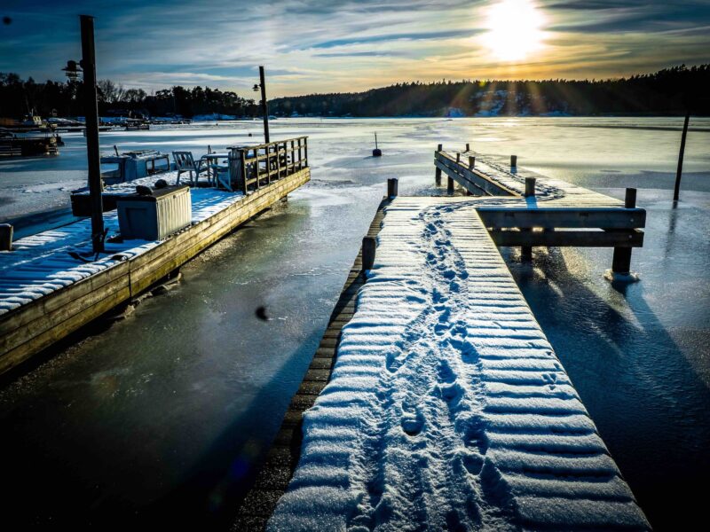 A snowy dock on an island in the Stockholm archipelago